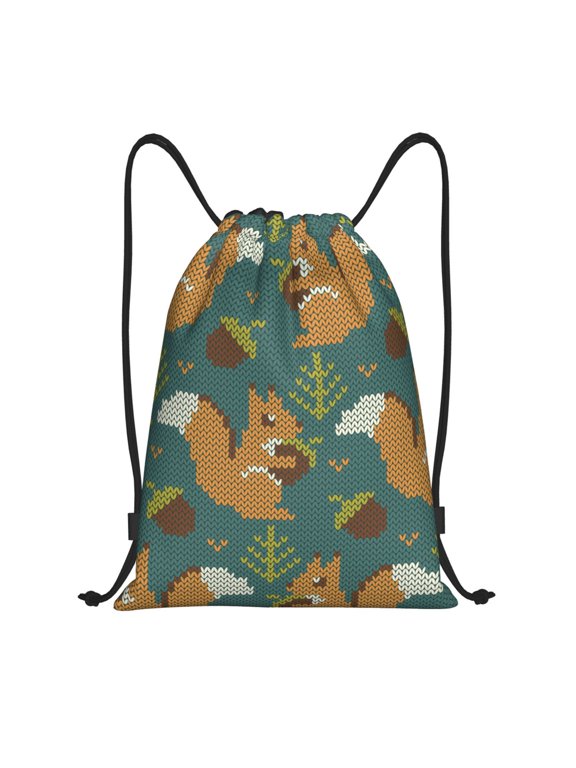 Honeii Knitted Woodland Squirrel Print Drawstring Backpack,Drawstring Bags String Backpack Gym Cinch Sack Backpack Sport Bag Draw-Small