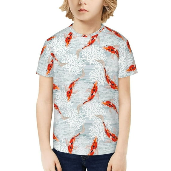 Honeii Koi Fish Corals,Spring Summer Print Kids Boy T-Shirt,Breathable Round Neck Tee,Stylish Summer Tee for Boys, for Outdoor Activities and Casual Wear