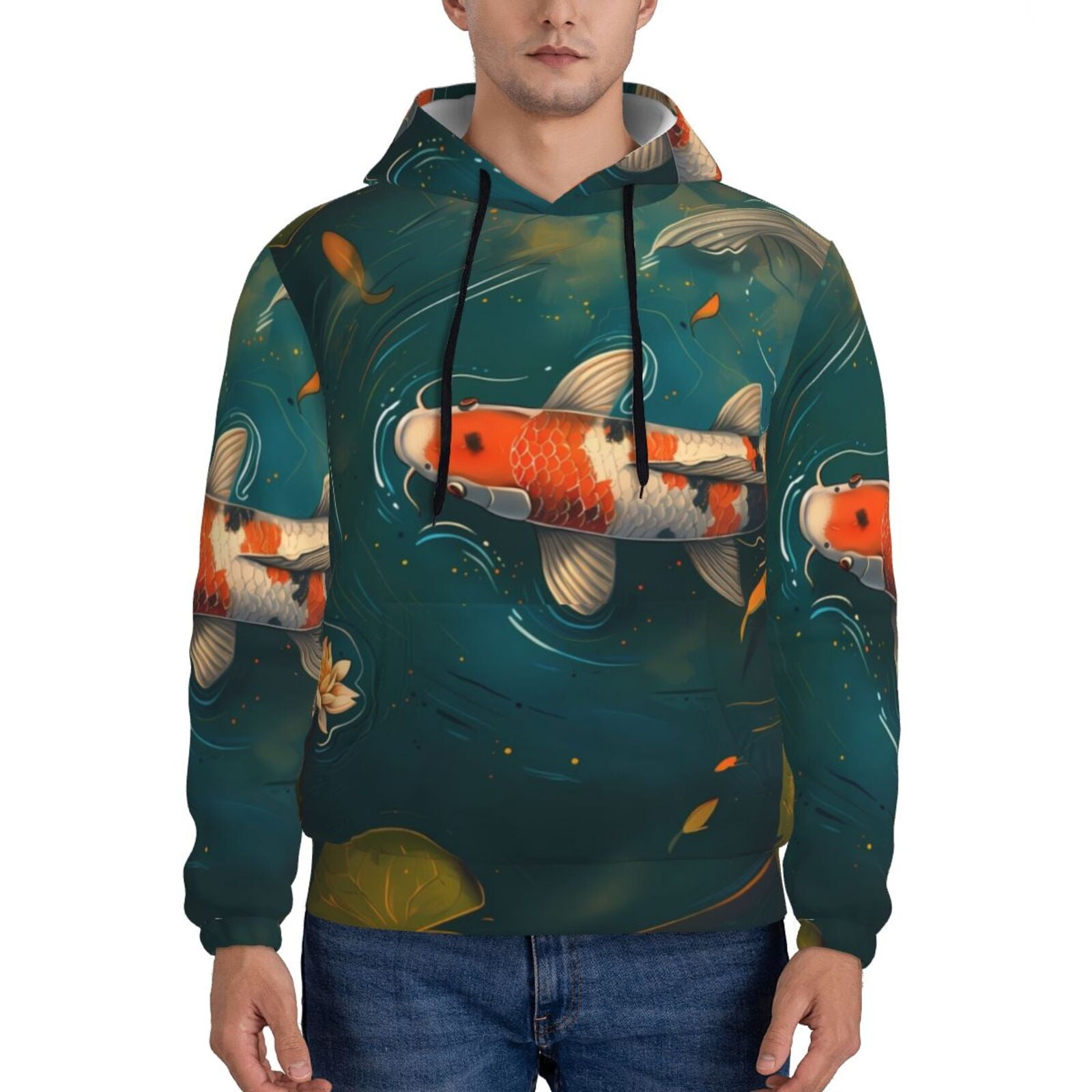Koi Fish Pattern Print Men Pullover Hoodie