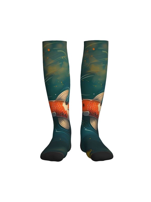 Koi Pond Lilies Print Sports Compression Socks,Running Crew Socks,Moisture-Wicking Anti-Blister Hiking&Gym Athletic