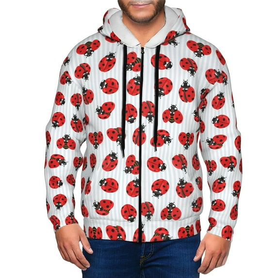 Honeii Ladybug On Blue Stripes Print Hoodies for Men, Pullover & Full Zip, Breathable Zip up Hoodie, Sweatshirt-3X-Large