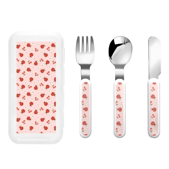 Honeii Ladybug With Flower Print Children's Knife, Fork And Spoon Set,Reusable Utensils Set with Case,Travel Cutlery Set,for Kids Adults Camping