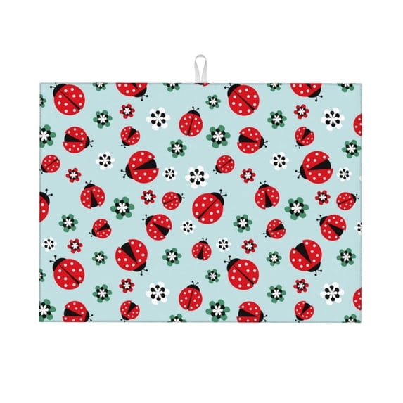 Honeii Ladybugs And Flowers 1 Print Kitchen Drying Mat Coffee Bar Mat Hide Stain Coffee Maker Mat for Countertops Coffee Pot Dish Drying Mat