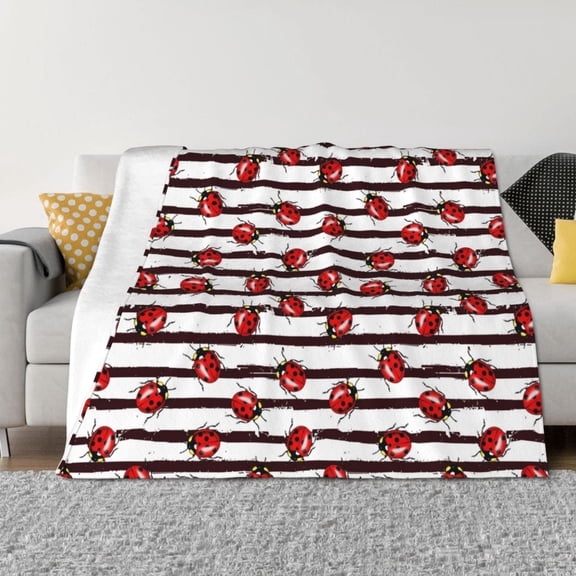 Honeii Ladybugs on Black and White Striped1 print throw blanket, crafted from cozy cotton flannel, offers versatile home decor as a bedding suitable for all seasons.-