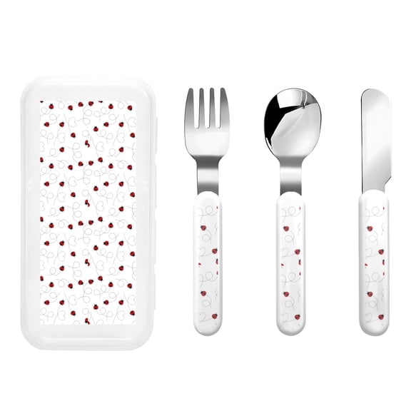 Honeii Ladybugs Flying On Dotted Route Print Children's Knife, Fork And Spoon Set,Reusable Utensils Set with Case,Travel Cutlery Set,for Kids Adults Camping