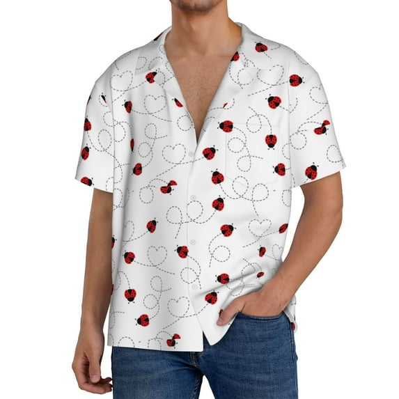 Honeii Ladybugs Flying On Dotted Route for Men's Short-Sleeved Button-Up Collared Shirt Featuring A Pocket, Perfect for Beach Vacations, And Travel Adventures.-Medium