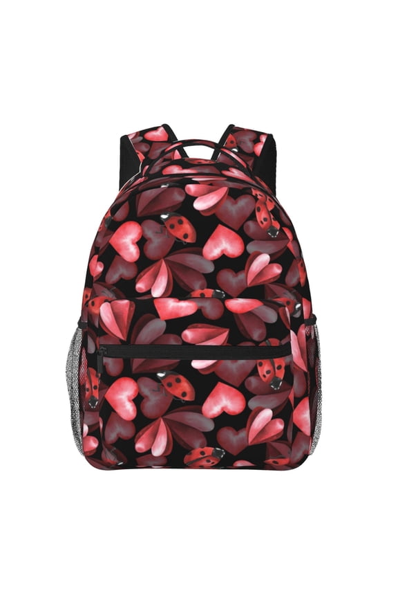 Ladybugs and Red Hearts Print Backpack for Both Men and Women, Basic Bookbag for College, Work, or Travel,Rucksack Computer Bag-One Size