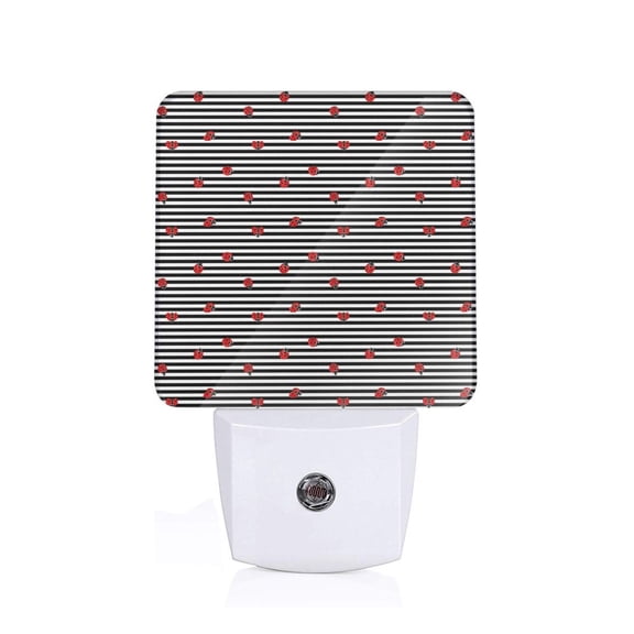 Honeii Ladybugs on Black and White Striped Print LED Night Light with Light Sensor, Night Lights Plug Into Wall,Ideal for Bedrooms and Hallways-US