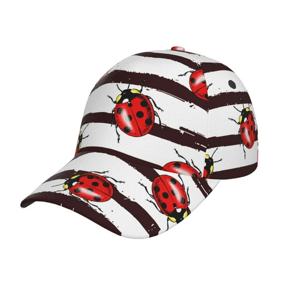 Honeii Ladybugs on Black and White Striped1 Print Hat, Women's Baseball Hat Unisex Fit, Baseball Cap,Adjustable One Size