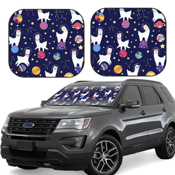 Honeii Lama in Space Print Foldable Car Sun Shade for Windshield, 2-Piece UV Protection Shade, Protects Car Interior, Ideal for Cars, Trucks, SUVs-Medium