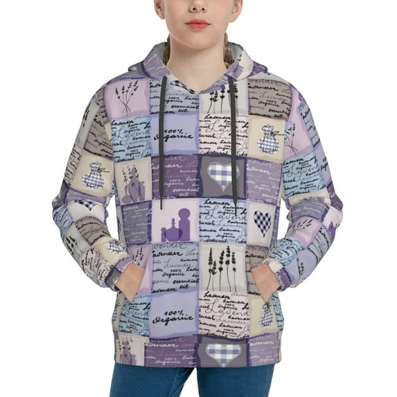 Honeii Lavender Flowers Pattern Long-Sleeve Hooded Sweatshirt Pullover Hoodie for Boys and Grils-Medium