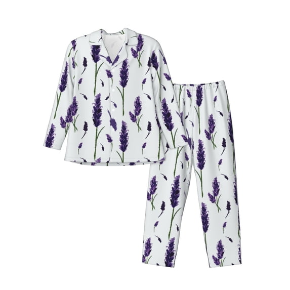 Honeii Lavender Flowers Pattern Mens Pajamas Set,2pcs Men's Lounge Long Sleeve Sleep Shirt and Pajama Bottoms Sleepwear Set,Mens Pjs Sets-XX-Large
