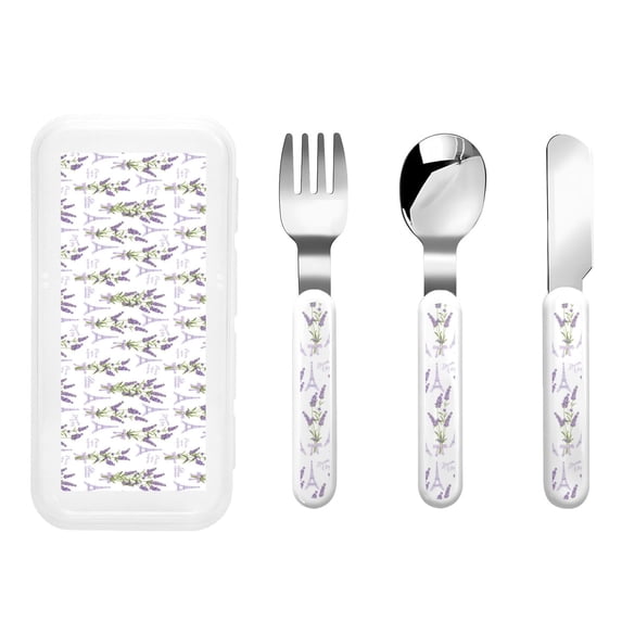 Honeii Lavender Flowers Print Children's Knife, Fork And Spoon Set,Reusable Utensils Set with Case,Travel Cutlery Set,for Kids Adults Camping