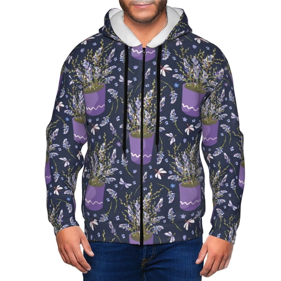 Honeii Lavender Flowers Print Hoodies for Men, Pullover & Full Zip, Breathable Zip up Hoodie, Sweatshirt-XX-Large