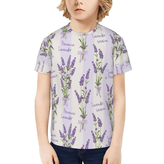 Honeii Lavender Flowers Print Kids Boy T-Shirt,Breathable Round Neck Tee,Stylish Summer Tee for Boys, for Outdoor Activities and Casual Wear