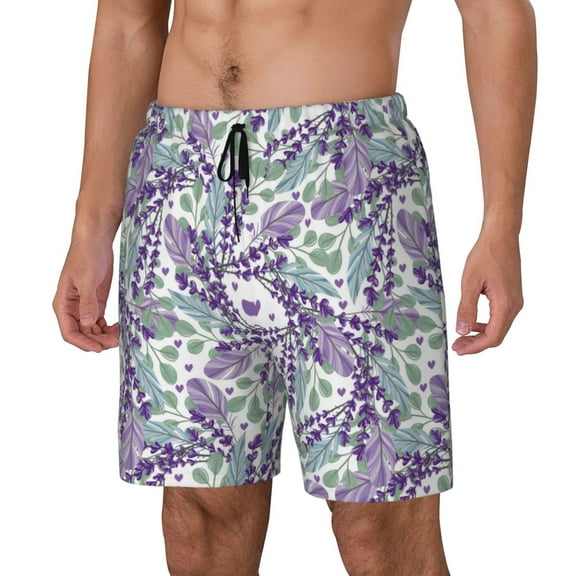 Honeii Lavender Flowers Print Men's Swim Shorts,Mens Swim Trunks,Breathable Mesh Beach Shorts for Swimming,Surfing, and Beach Activities-Medium