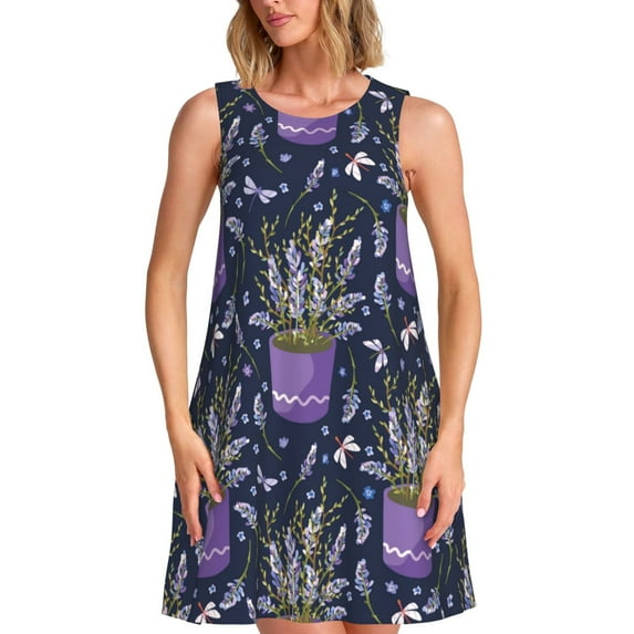 Honeii Lavender Flowers Print Women's Sleeveless Dress, Loose Fit Casual Dress for Women, Summer Fashion Dress