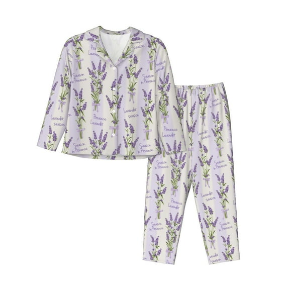 Honeii Lavender Flowers print Women's Pajama Sets Long Sleeve Button Down Sleepwear Nightwear Soft Pjs Lounge Sets-Medium