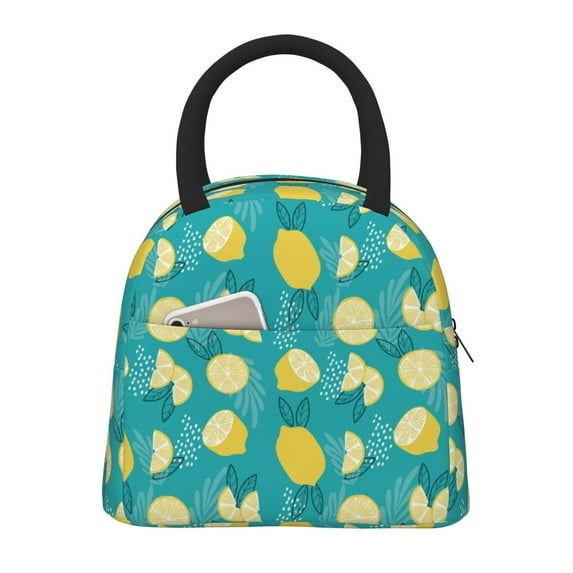 Honeii Lemon Blue Print Insulated Lunch Bag Women Reusable Lunch Box with Pocket for Work Picnic Travel -One Size