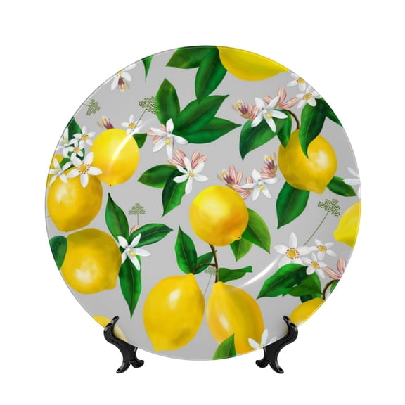 Honeii Lemon Seamless Pattern Oil Painting Effect Print Elegant Bone China Decorative Plate, Porcelain Plate,Art Crafts,Ceramic Ornaments for Home Office Wall Decor-6in
