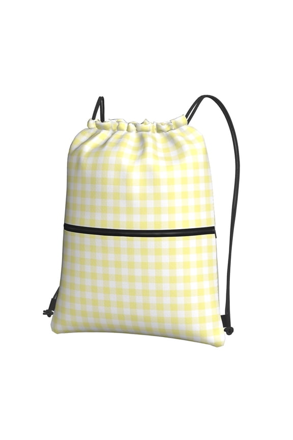 Lemon Yellow Checkboard Print Drawstring Backpack,String Bag,Sackpack Cinch Water Resistant Nylon for Gym Shopping Sport Yoga