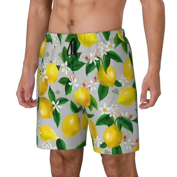 Honeii Lemon1 Print Men's Swim Shorts,Mens Swim Trunks,Breathable Mesh Beach Shorts for Swimming,Surfing, and Beach Activities-Large