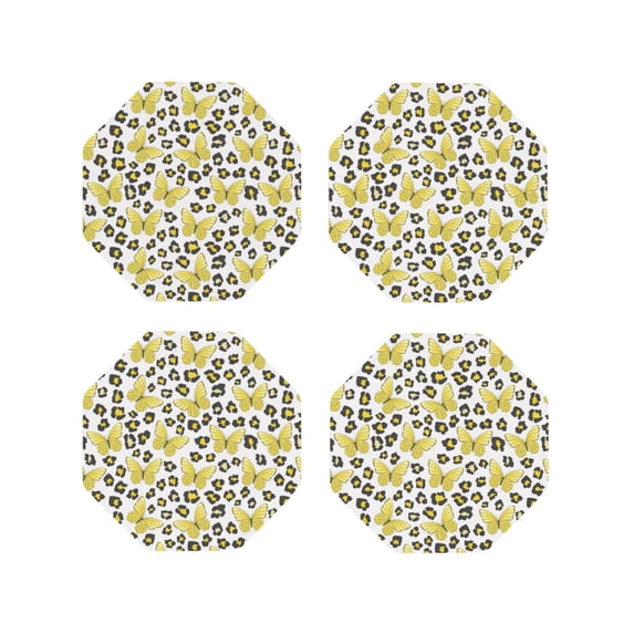 Honeii Leopard And Butterfly print Leather Coaster Set of 4, ideal for safeguarding your furniture from drinks spills and effortless cleanup-Octagon