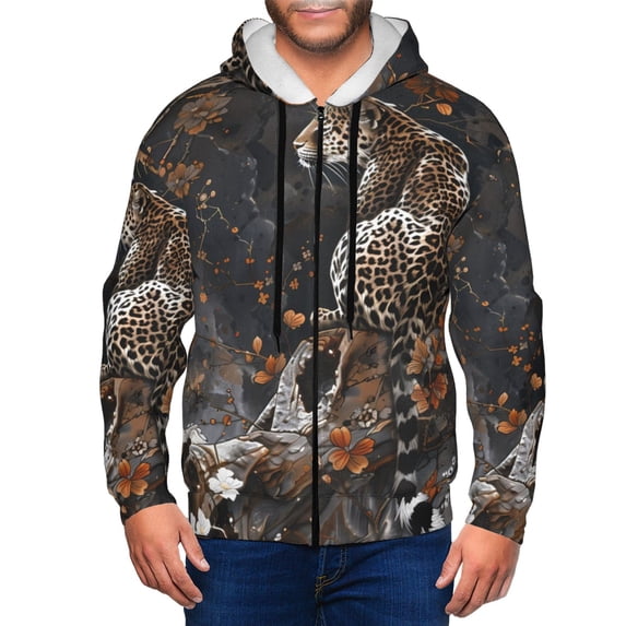 Honeii Leopard On Tree Branch Print Hoodies for Men, Pullover & Full Zip, Breathable Zip up Hoodie, Sweatshirt-XX-Large