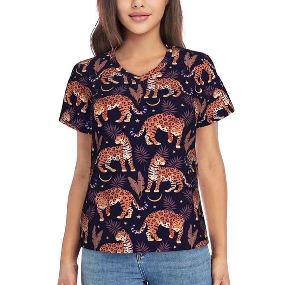 Honeii Leopard Print Print Women's Classic V-Neck T-Shirt,Womens Fashion Tops,Stylish Everyday Top for Women, Casual Summer Spring Outfits Clothes-3X-Large