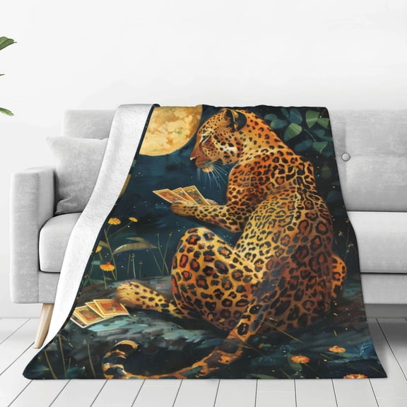 Honeii Leopard Reading Tarot Cards Print Fleece Blanket - Throw Blanket for Bed, Sofa, Couch, Camping, and Travel , Microplush Ultra Soft Warm Blanket-40"x30"