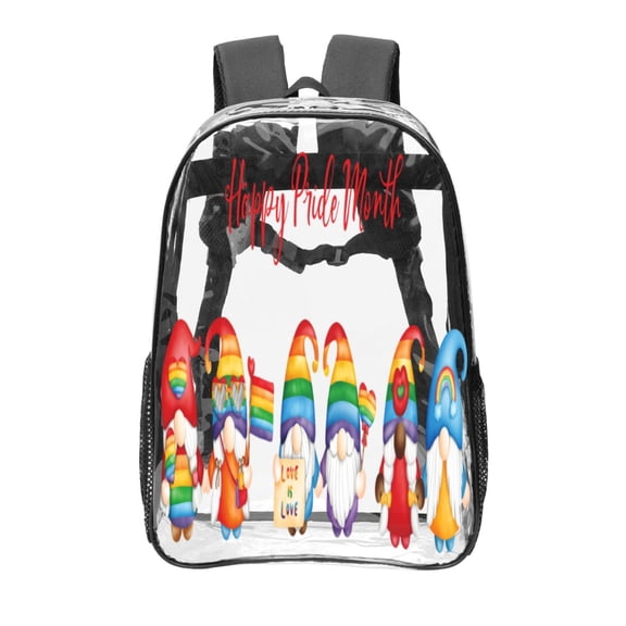 Honeii Lgbt Gnome Print Clear Backpack Heavy Duty Transparent Bag 17" See Through BookBag for Women Men Adults Work Festival Sports Travel