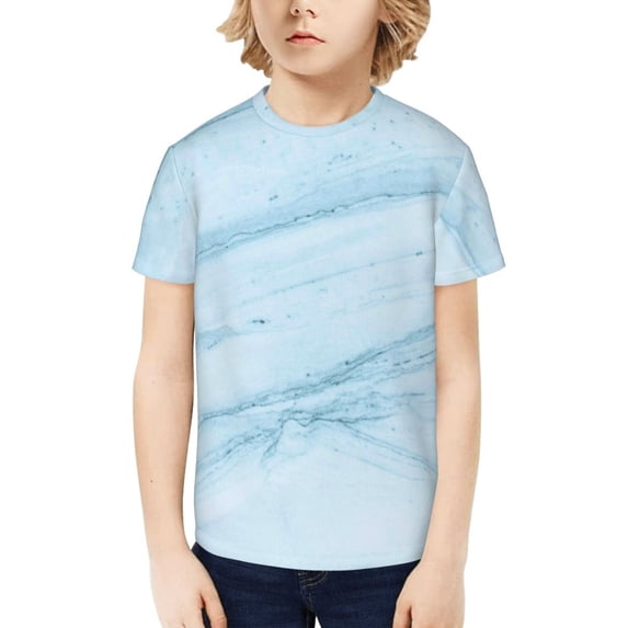 Honeii Light Blue Marble Print Kids Boy T-Shirt,Breathable Round Neck Tee,Stylish Summer Tee for Boys, for Outdoor Activities and Casual Wear