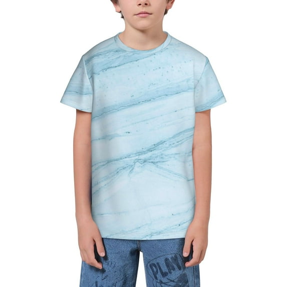 Honeii Light Blue Marble Print Youth Short Sleeve T-Shirt,Boys Athletic Shirt,Quick Dry Short Sleeve Performance Moisture Wicking T Shirt
