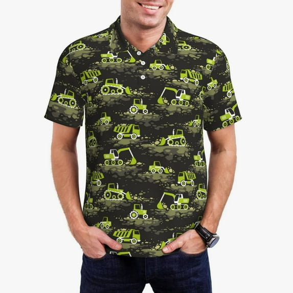 Honeii Light Green Excavator print Polo Shirt, a classic short-sleeved, button-down golf shirt designed for menX-Large