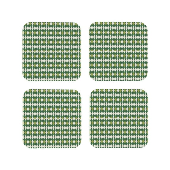 Honeii Light Green Squares print Leather Coaster Set of 4, ideal for safeguarding your furniture from drinks spills and effortless cleanup-Square