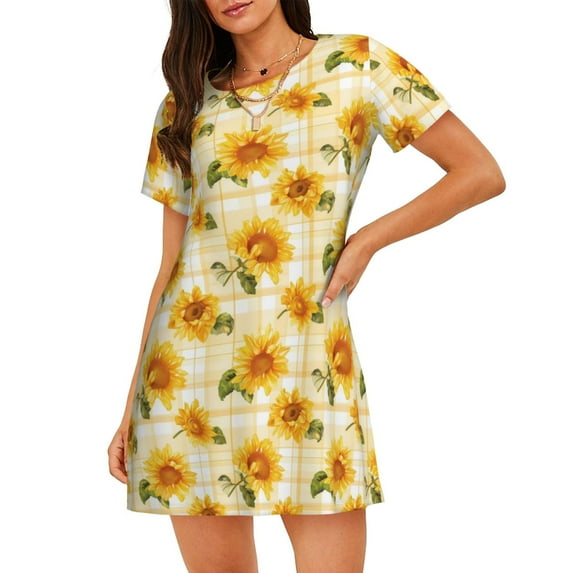 Honeii Light Yellow Plaid Sunflower Print Women's Loose Short Sleeve Nightgown, Soft Cotton Sleepwear, Comfy Loose Fit Pajama Dress for Sleep and Lounge