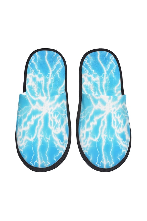 Light blue flash Print Furry Slippers Bedroom Slippers for Women and Men Fuzzy Plush Comfy Faux Fur Lined Slide Shoes -Large