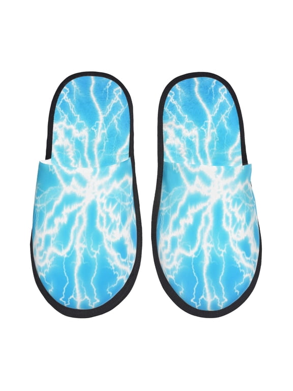 Light blue flash Print Furry Slippers Bedroom Slippers for Women and Men Fuzzy Plush Comfy Faux Fur Lined Slide Shoes -Medium