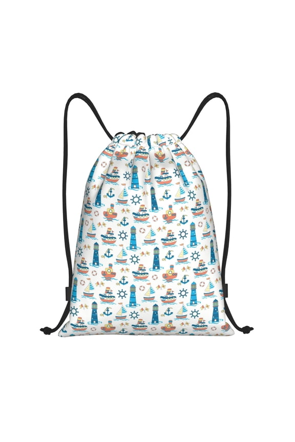 Lighthouse And Sea Print Drawstring Backpack,Drawstring Bags String Backpack Gym Cinch Sack Backpack Sport Bag Draw-Small