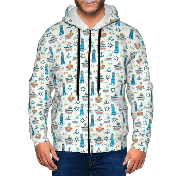 Honeii Lighthouse And Sea Print Hoodies for Men, Pullover & Full Zip, Breathable Zip up Hoodie, Sweatshirt-Small
