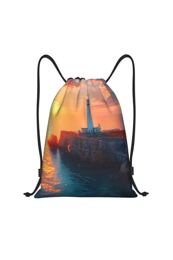 Honeii Lighthouse At Sunset Coast Print Drawstring Backpack,Drawstring Bags String Backpack Gym Cinch Sack Backpack Sport Bag Draw-Medium