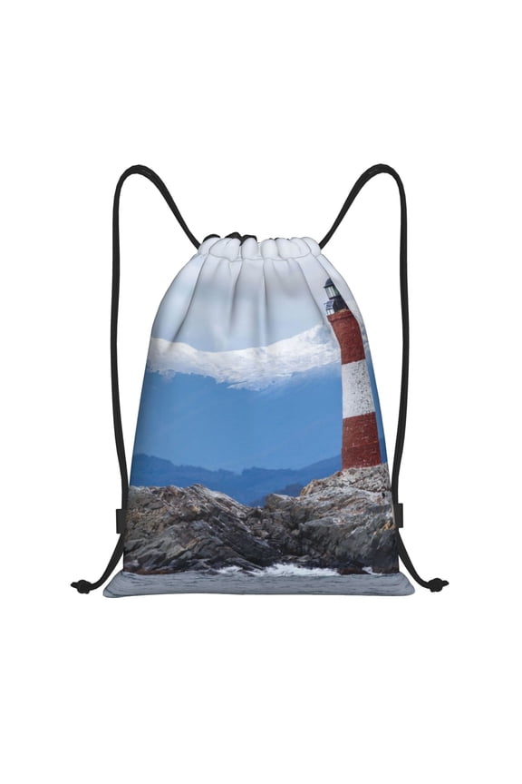 Lighthouse On The Waters Print Drawstring Backpack,Drawstring Bags String Backpack Gym Cinch Sack Backpack Sport Bag Draw-Small