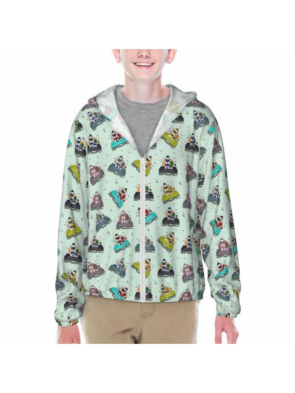 Lighthouse Print Sun Protection Jacket Hooded Cooling Shirt with Pockets Hiking Outdoor Performance-Large