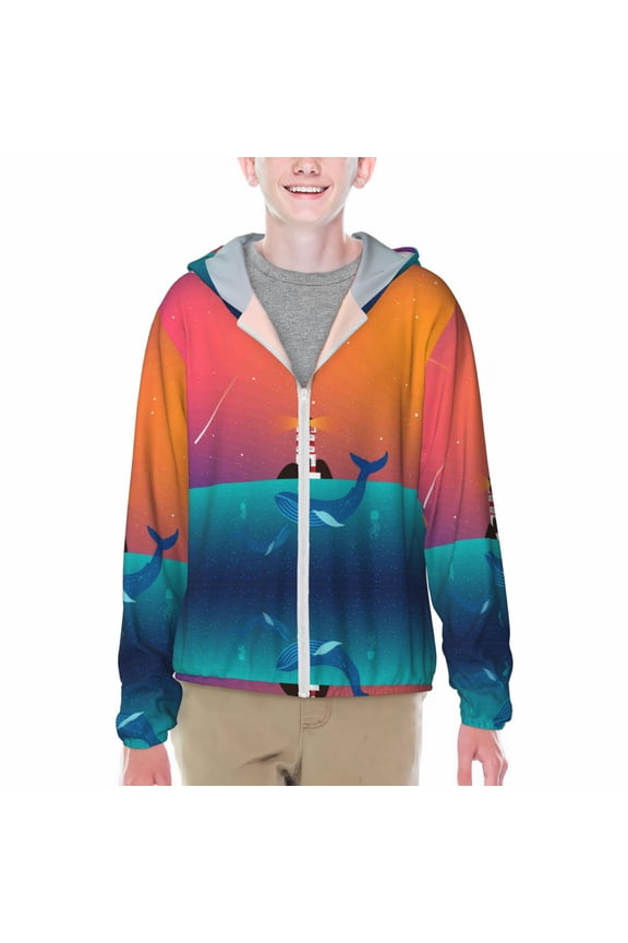 Lighthouse and Whale Print Sun Protection Jacket Hooded Cooling Shirt with Pockets Hiking Outdoor Performance-XX-Large