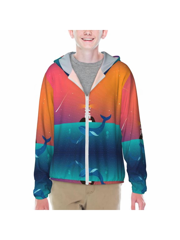 Lighthouse and Whale Print Sun Protection Jacket Hooded Cooling Shirt with Pockets Hiking Outdoor Performance-XX-Large