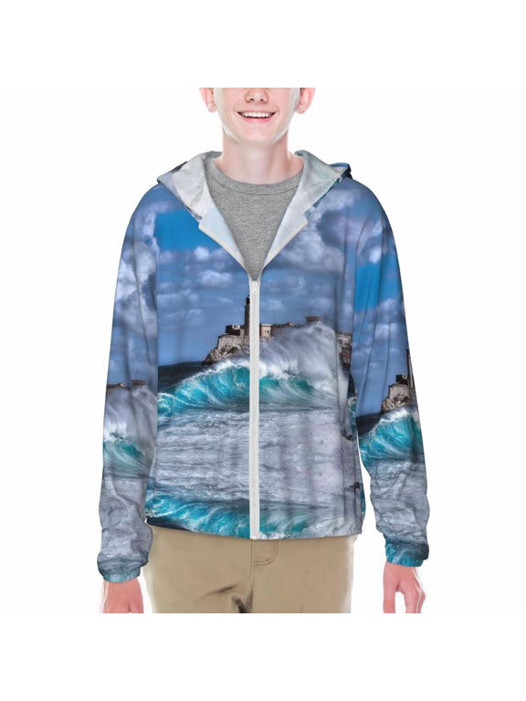 Lighthouse in Havana Print Sun Protection Jacket Hooded Cooling Shirt with Pockets Hiking Outdoor Performance-Small