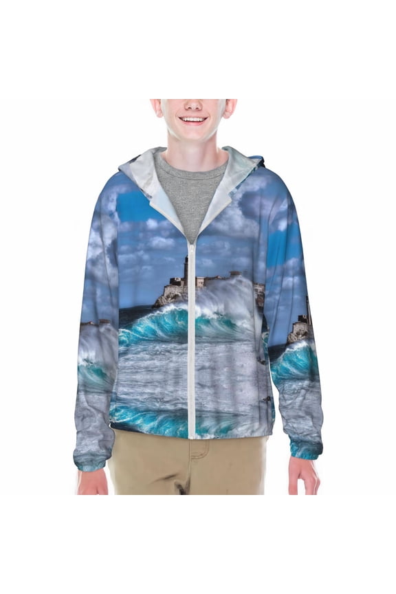 Lighthouse in Havana Print Sun Protection Jacket Hooded Cooling Shirt with Pockets Hiking Outdoor Performance-X-Large