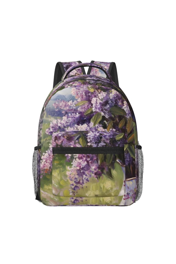 Lilacs Teapot Scenic Painting Print Backpack for School,15.6 inch Laptop Back Pack for High School and College Students, Waterproof Computer Bookbag-One Size