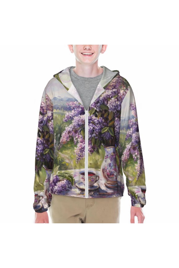 Lilacs Teapot Scenic Painting Print Sun Protection Jacket Hooded Cooling Shirt with Pockets Hiking Outdoor Performance-Small