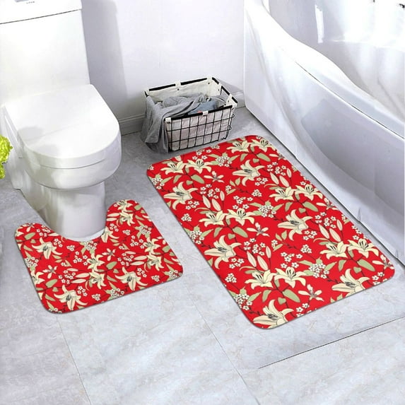 Honeii Lilies Flowers Pattern Bathroom Anti-Skid Pad Bathroom Mat Vintage Seamless Pattern Not-Slip Toilet Rug Set